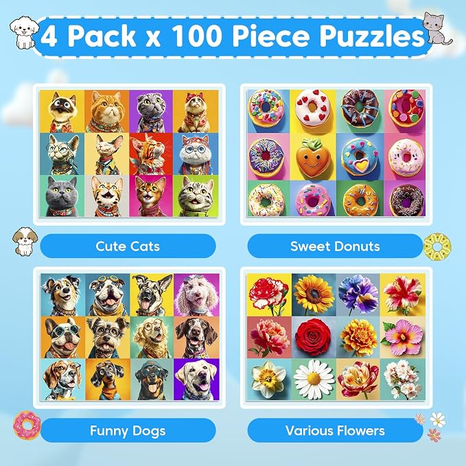 4 Packs 100 Piece Puzzles for Kids - Dogs Cats Donuts Flowers Puzzles | Kids Ages 4-6 6-8 8-10, Large Piece Puzzles for Kids & Seniors Adults Jigsaw Puzzles Educational Gifts for Girls Boys