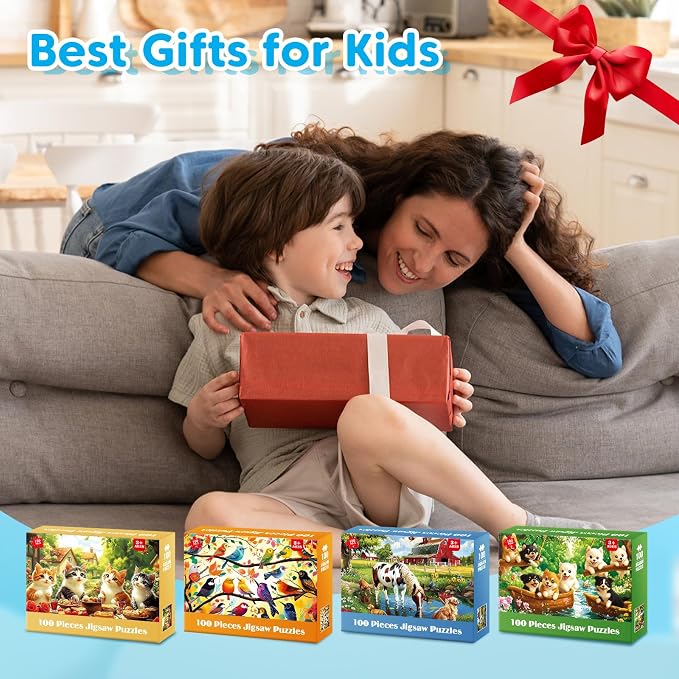 4 Packs 100 Piece Puzzles for Kids Ages 4-6 6-8 8-10, Cats Birds Farms Dogs Jigsaw Puzzles Educational Kids Puzzles 5-8 Gifts for Girls Boys Adults Seniors 15x11in
