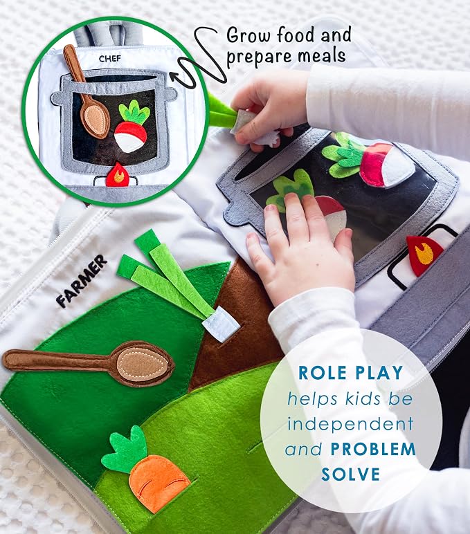 Curious Columbus When I Grow Up Quiet Book, Fabric Busy Book for Travel | 10 Interactive Pages, Astronaut, Firefighter, Chef and Farmer Roles, Snap Fasteners, Book Zips Closed with Carry Handles