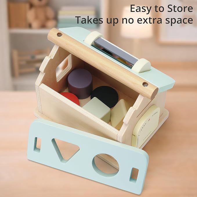Pillowhale Montessori Activity Cube for Toddlers 12 Months+, Wooden 5-in-1 Learning Toy with Object Permanence Box, Shape Sorting & Stacking, Fine Motor Skills Toy for Baby Boys Girls