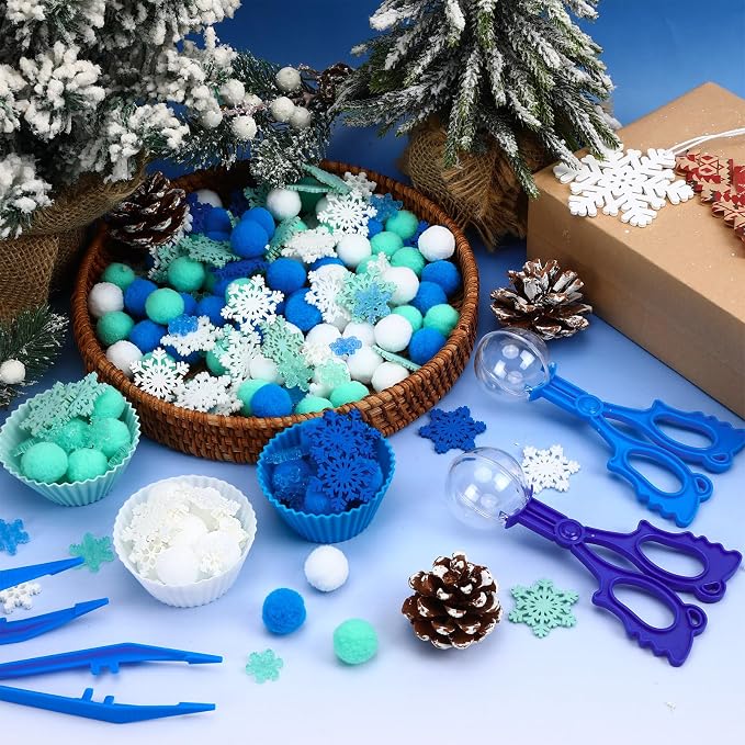 241 Pcs Winter Sensory Bin Fillers Blue Sensory Bin Items | Includes Felt Snowflake Plastic Snowflake,Sorting Cups Tweezers,Winter Activities