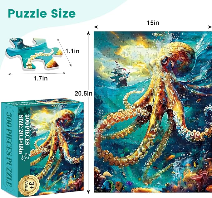 300 Piece Puzzle for Adults, Ocean Sailboat Octopus Jigsaw Puzzles 300 Pieces