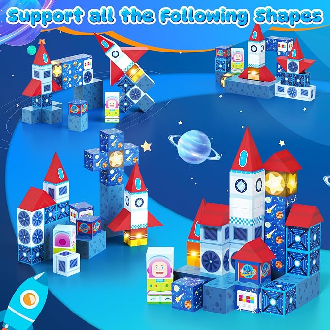 36 PCS STEM Learning Mini Magnetic Blocks Travel Set | With Portable Iron Storage Box&LED Light-Up Magnetic Cubes, Montessori Sensory Toys Gifts for Toddlers, Boys & Girls