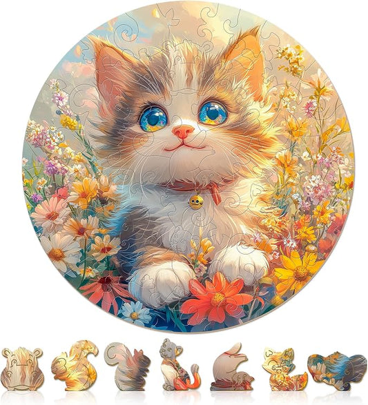 Animals Wooden Puzzles for Kids - Lovely Cat | 50 Piece Puzzles for Kids Ages 6-8, Kids Puzzles with Unique Animal Shapes, Round Gift for Girls and Boys (11.4 * 11.4 in)