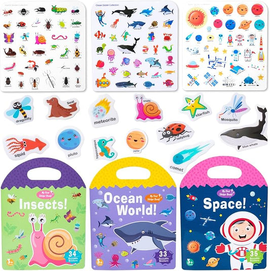 Jelly Reusable Sticker Books, Portable Travel Toys Sticker Activity Book for Kids 3+ Year Old Girls Boys, Animal Insect Sea Ocean Space