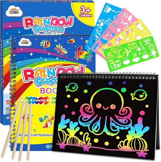 ZMLM Scratch Paper Art-Crafts Gift: 2 Pack Rainbow Notebooks Supplies Toys | Art Crafts for 3 4 5 6 7 8 9 10 11 12 Years Old Girls and Boys Kids Birthday Christmas Party Travel Games Activities Ocean