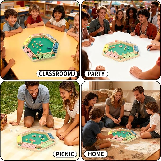 WOOD CITY Shut The Box Game Wooden for 6 Players, Close The Box Math Game for Kids Adults with 16 Dice, 6 Way Tabletop Quick Board Game for Family 3+ Years Old in Party or Pub，Morandi Color