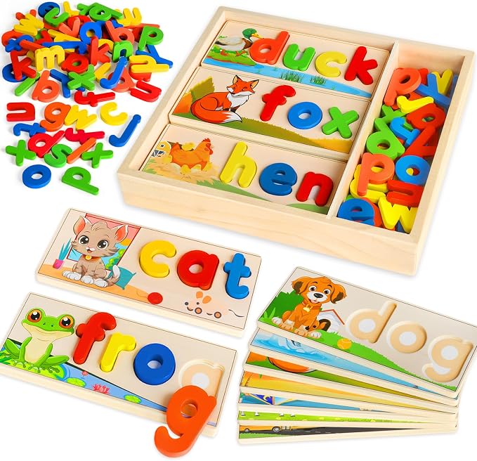 Learning Toys for 3 Year Old, Alphabet Puzzle Spelling Games Preschool | Wooden Alphabet Puzzle with 52 Letter Blocks, CVC Word Matching, Montessori Learning for Preschool Kids Ages 3-5
