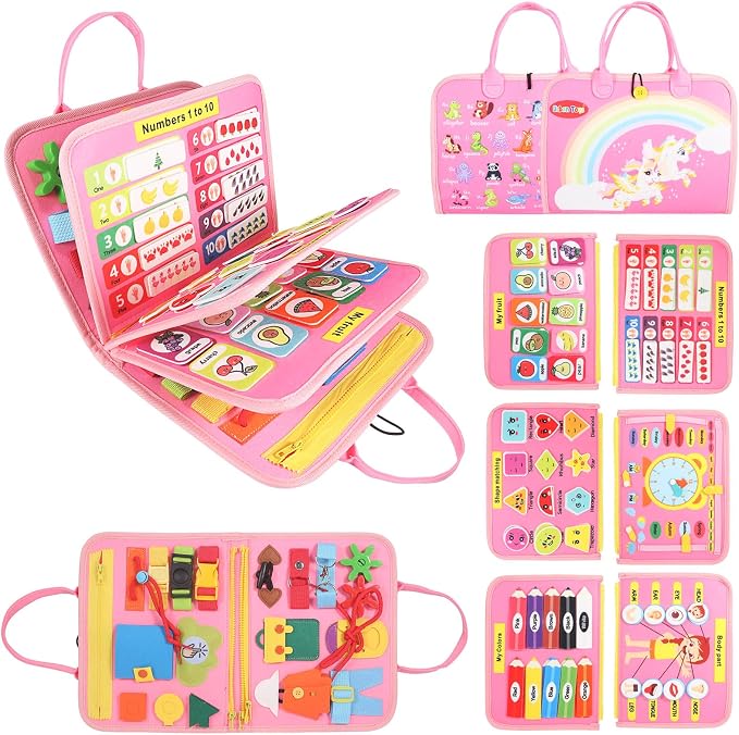 URBAN TOYS Toddler Busy Board for Kids Ages 3+, Montessori Busy Book, Sensory Learning Toy for Fine Motor Skills, Toddler Travel Essential for Airplane & Car, Gift for Boys & Girls