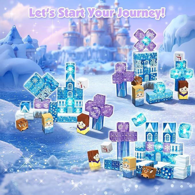 Magnetic Blocks - 45Pcs 0.8in Travel Toys Transparent Magnetic Building Block with Magnetic Tin Box for Kids, Light Up Magnet Block Blue Princess, Princess Toy for Girl 3+ Christmas Birthday Gift
