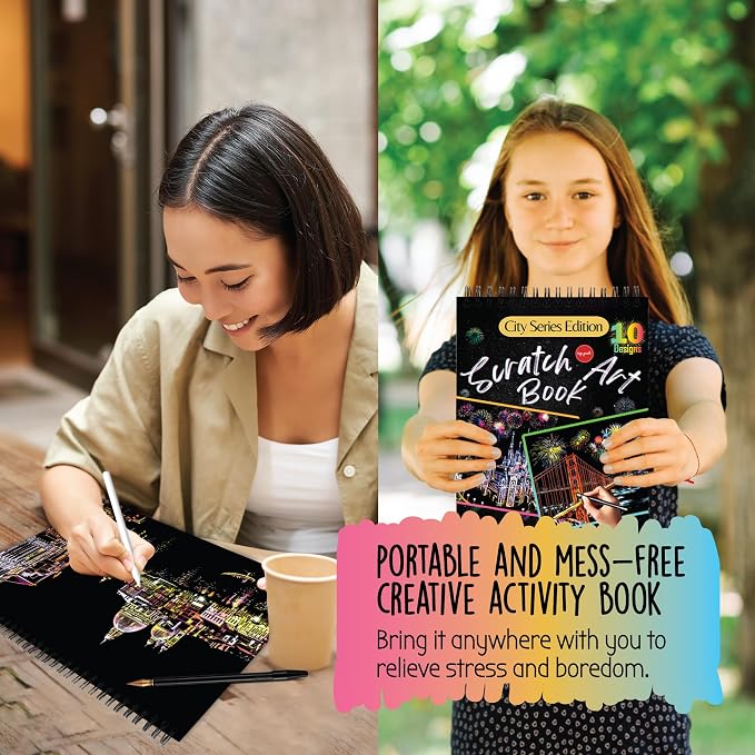 Scratch Art Book for Adults - City Series, 10 Rainbow Art and Crafts for Adults | Adult scratch art & foil art for adults kit | stress relief scratch painting, screen-free travel craft | scratch art adult