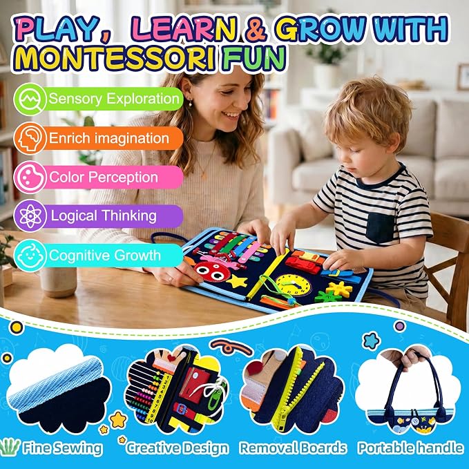 Montessori Busy Board for Toddlers 1-3, 4 Pages 15+ Activities Sensory Toy, ABC Numbers Colors Motor Skills Toy, Toddler Quiet Book Travel Toy, Preschool Educational for Boys Girls, Blue Zoo