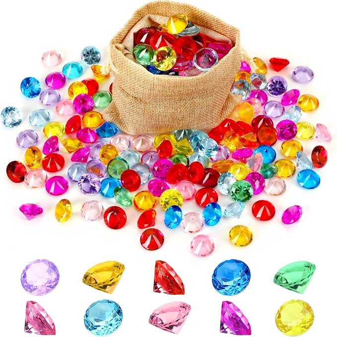 150 Pcs Pirate Treasure Gems Toys Acrylic Diamonds Diving Jewels | Plastic Fake Gemstones, Summer Pool Dive Water Toy, Sensory Bin Filler, Pirate Party Favors Decorations, Treasure Hunt Games