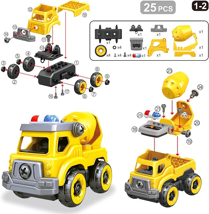 4-in-1 Take Apart Car Toys for Boys, DIY Engineering Construction Trucks | Toy Vehicle - Dump Truck, Cement Mixer, Excavator, Crane, Kids Building Educational Toy Gift for Age 3 4 5 6 7 8 Year Old Boy