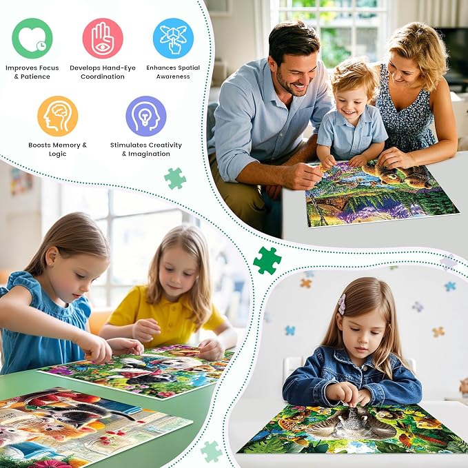 4-Pack 100 Piece Puzzles for Kids Ages 6-8 8-10 - Large Piece Puzzles for Adults Seniors Kids, Dogs Cats Bears Animals Jigsaw Puzzles for Kids Ages 4-6,Learning Educational Toys Gifts for Boys Girls