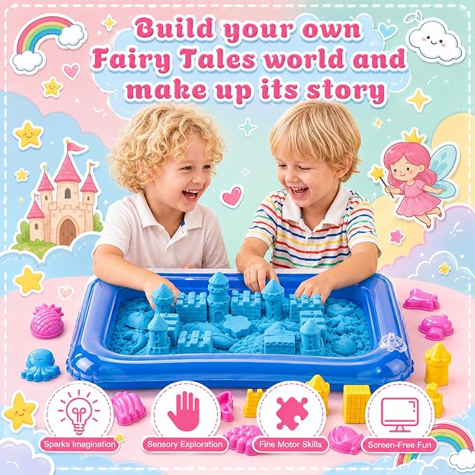 Teyva Daily 59 Pcs Sensory Bin Sand Kit with 2.2lbs Blue Moldable Play Sand, Inflatable Tray, Lidded Storage Box, Castle Ocean Animal Fruit Molds, Flags and Pump for Kids Toddler Ages 4-6