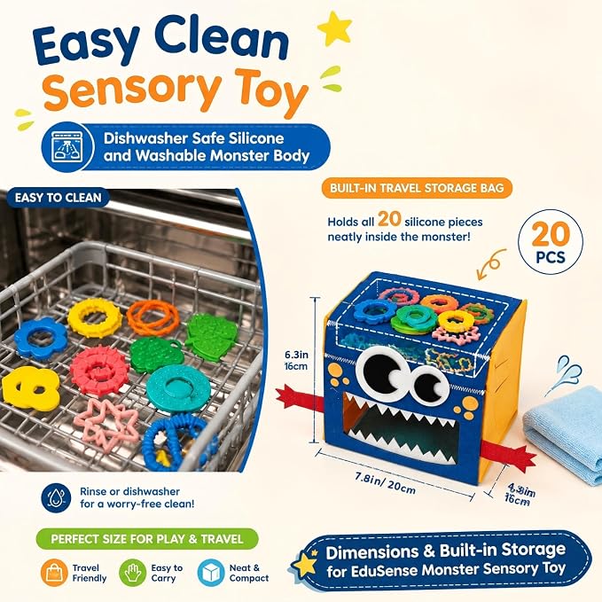 edusense Monster Feed Me - Feeding Game Sensory Toy for Toddlers 3+ | 20 Washable Silicone Shapes | Fine Motor Skills & Color Recognition | OT Sensory Play for Autism | Self-Storing Travel Toy