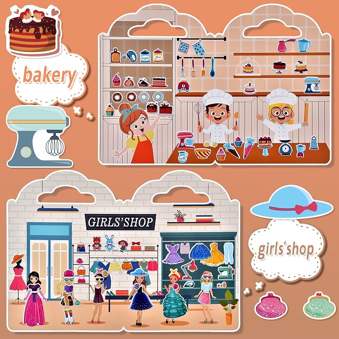 6 Set Puffy Sticker Book, Reusable Sticker Books for Toddlers | 260pcs Fairytale+Garden+Princess Party+Mermaid+Kids Zone+Girls' Shop, Travel Toys Book for Kids Ages 3+