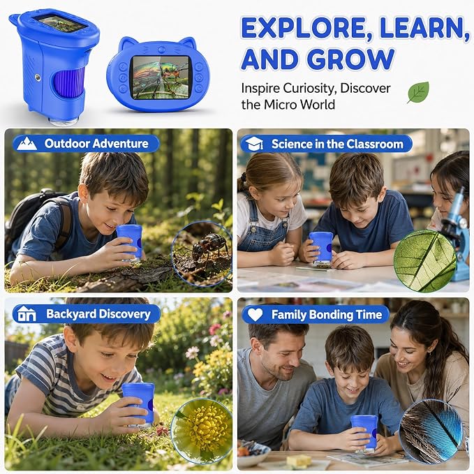 Kids Microscope, 1000X Handheld Digital Pocket Microscope with 2.4" IPS Screen & 8 LEDs, Rechargeable STEM Educational Science Toy for Outdoor Exploration, Gift for Boys Girls Age 4-12, Blue