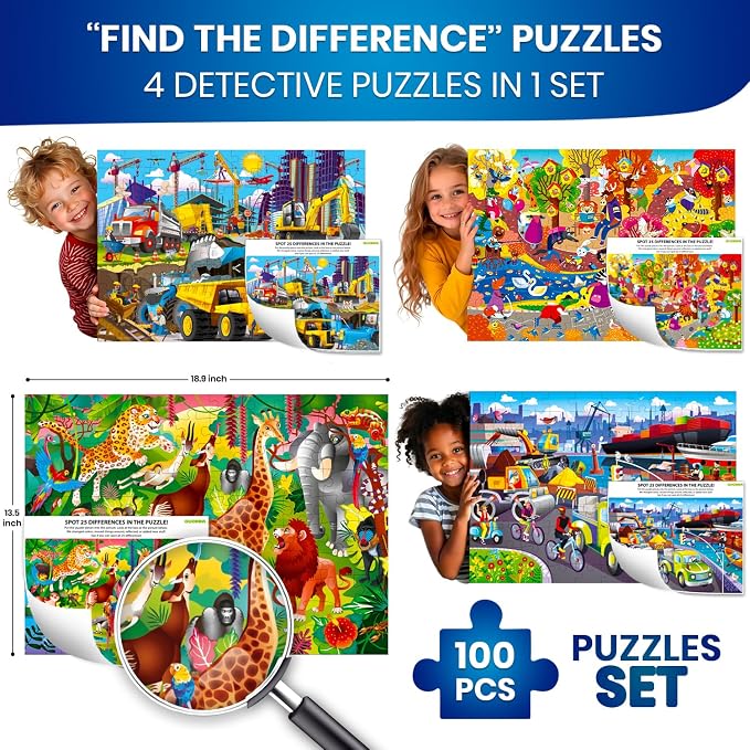 100 Piece Puzzles for Kids Ages 6-8 - 4 Jigsaw Kids Puzzles Ages 4-6 | Search and Find Animals and Construction Vehicles - Kids Puzzles Ages 5-8 - Educational Game Toy for Children Ages 8-10