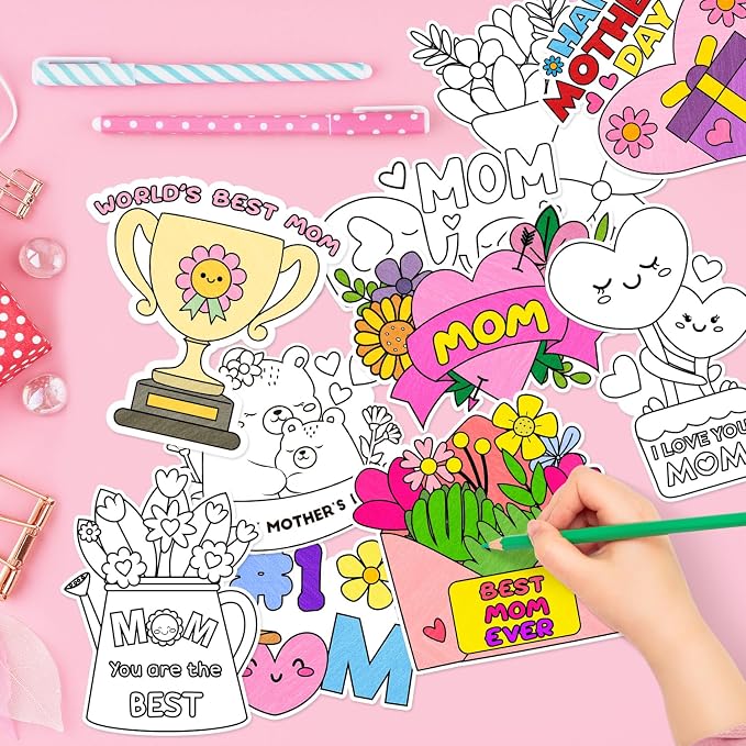 Mother's Day Coloring Arts Crafts Kits - 30Pcs Color Your Own Happy Mother's Day Magnets for Kids DIY Flower Heart Coloring Magnets for Holiday Party Fridge Refrigerator School Activities Decorations