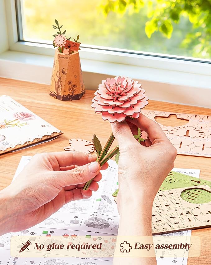 Rowood 3D Puzzle,Mother's Day DIY Wooden Flower Building Craft Kits for Adults,Botannical Collection Home Decor,Christmas/Birthday/Teacher's Day/Valentine's Day Gift- Pink Dahlia