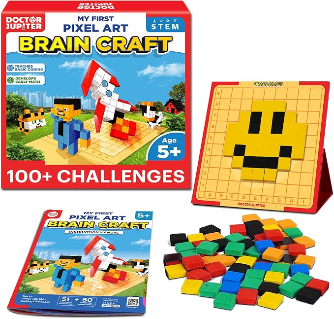 Doctor Jupiter My First STEM Pixel Art Kit for Kids Ages 5+ | 100+ Coding Challenges, Birthday Gift for Boys & Girls Ages 5,6,7, Montessori Educational Math Toy