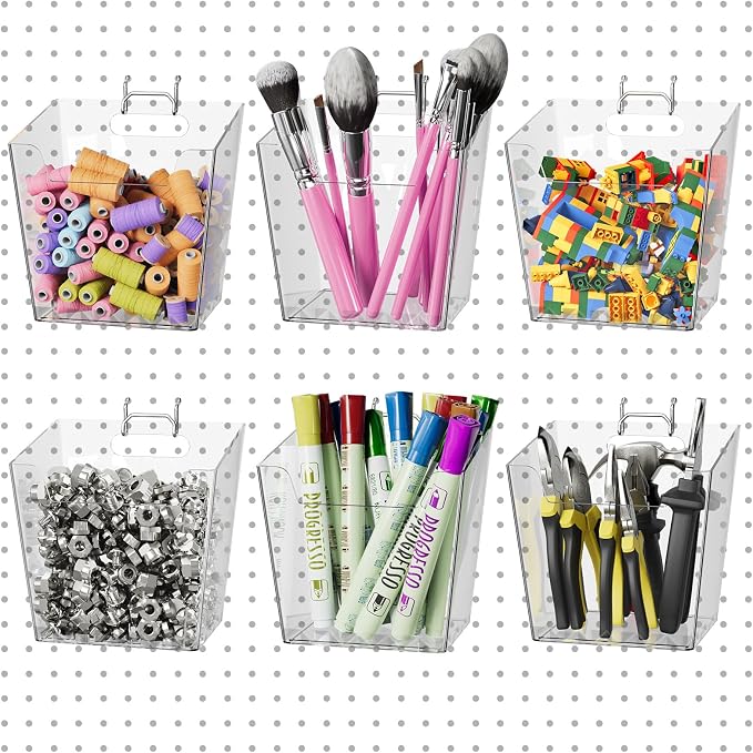 Clear Large Pegboard Cups, 6Pack Peg Board Square Storage Bins With Hooks | Big Open-Mouth Cups, 1/8" 1/4" Pegboard Organizer Accessories, Cup Holder for Craft Garage Workbench Office Tools Supplies