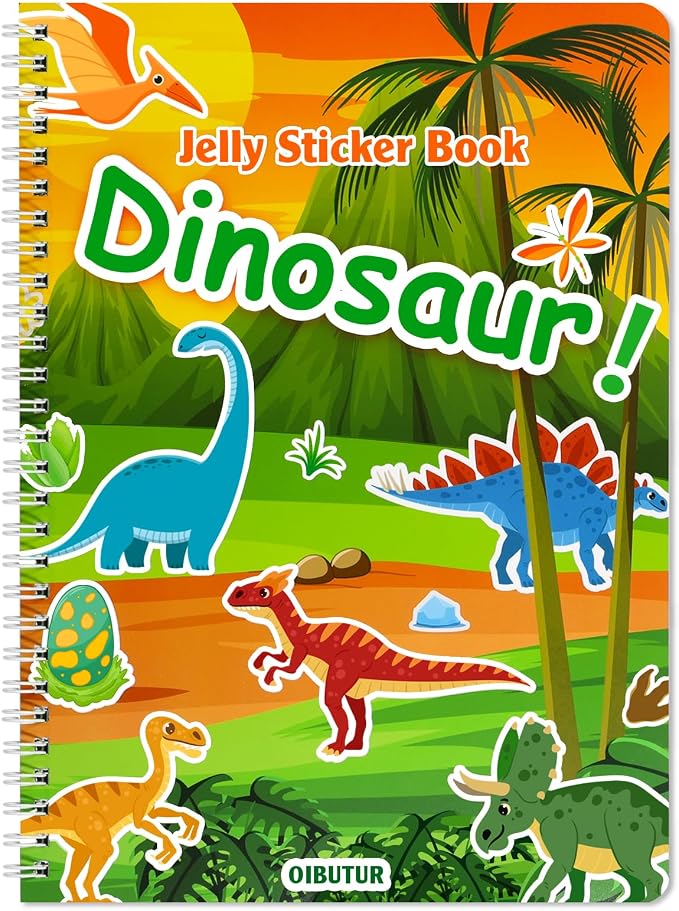 Reusable Sticker Book for Kids 1-3, Jelly Sticker Books for Toddlers 2-4 Years, Dinosaur Stickers for Kids, Toddler Easter Basket Stuffers＆Travel Essentials Plane Activities (Dinosaur)