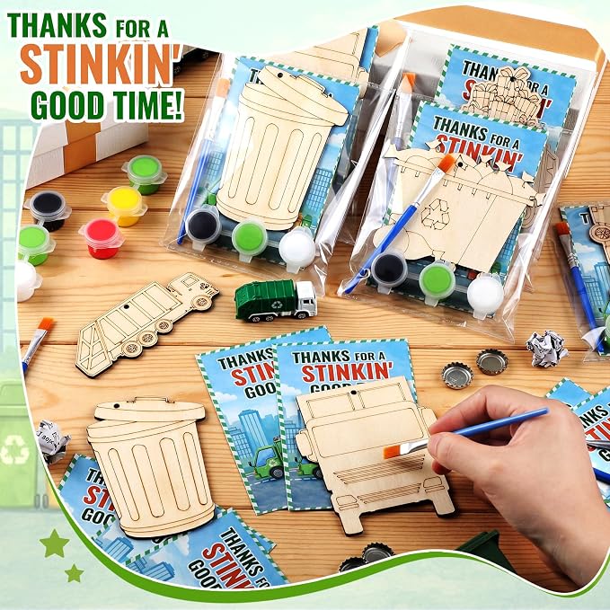 Saypacck 24 Pcs Garbage Truck Party Favors Wooden Paint Craft Kits | Kids DIY Wooden Craft, Trash Truck Cutout with Paints Brushes, Birthday Party Goodie Bags Fillers, Thank You Gifts