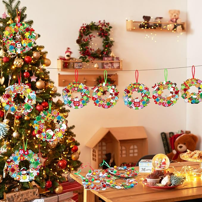 Hollowfly 48 Sets Christmas Wreath Craft Kits with Stickers | 8 Santa, Elk and Penguin Designs, 7.09 in Paper Hanging Ornaments for Christmas Parties and Classroom Activities