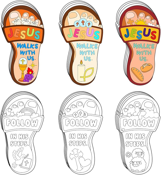 Dvbonike 24Pcs Sunday School Crafts for Kids Color Your Own Religious Card | Jesus Walks with Us, Christian Coloring Craft Kit, Footprint, DIY Drawing Party, Gifts, VBS Home Classroom, Activity Supplies