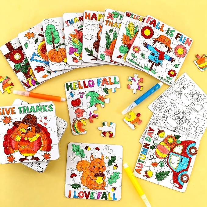 Fall Thanksgiving Crafts for Kids Autumn Activity DIY Arts Kit Puzzle Game | 24 Set Thanksgiving Jigsaw Pumpkin Turkey Owl for Fall Harvest Party Favors Classroom Gifts Blank Coloring Toys Supplies Bulk