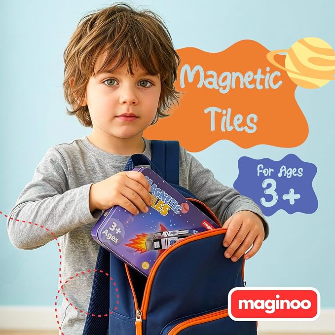 42 Pcs Mini Magnetic Tiles Space Rocket Toys, STEM Building Blocks | STEM construction set with iron travel storage box. Fun birthday gift for kids, boys and girls, ages 3-8.