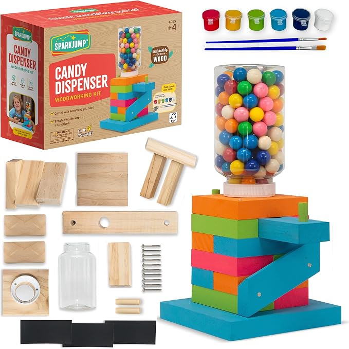 SparkJump Candy Dispenser Woodworking Kit – Complete STEM Building Kit for Kids with FSC-Certified Wood, Paints & Tools, DIY Gumball Machine Craft for Boys & Girls, Ages 6+ | FSC-Certified Wood, Paints & Tools, DIY Gumball Machine Craft for Boys & Girl...
