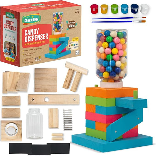 SparkJump Candy Dispenser Woodworking Kit – Complete STEM Building Kit for Kids with FSC-Certified Wood, Paints & Tools, DIY Gumball Machine Craft for Boys & Girls, Ages 6+ | FSC-Certified Wood, Paints & Tools, DIY Gumball Machine Craft for Boys & Girl...