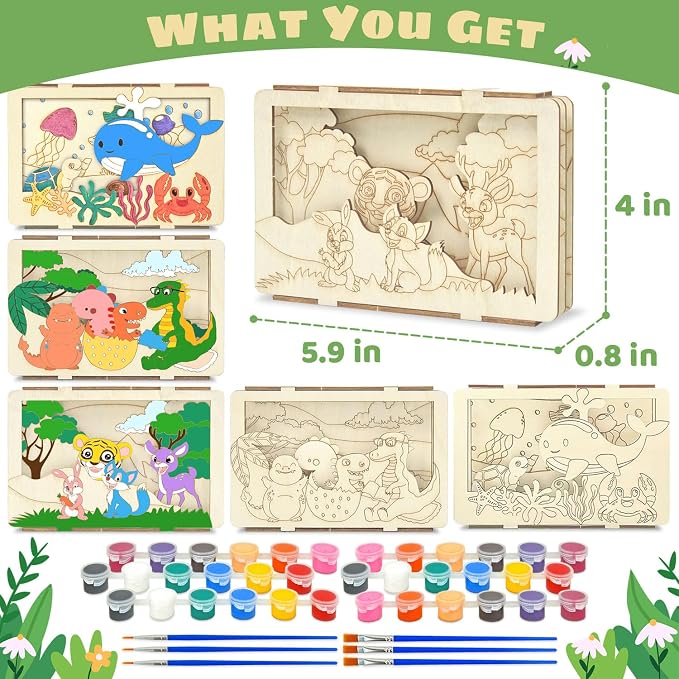 Vileafy Animals Painting Crafts for Kids Ages 3-5, 3 Arts and Crafts Kit | 3 Pack Kids Craft Supplies Include Ocean Animals, Jungle Animals, Dinosaurs with Brushes & Paints for Summer Activity & Party