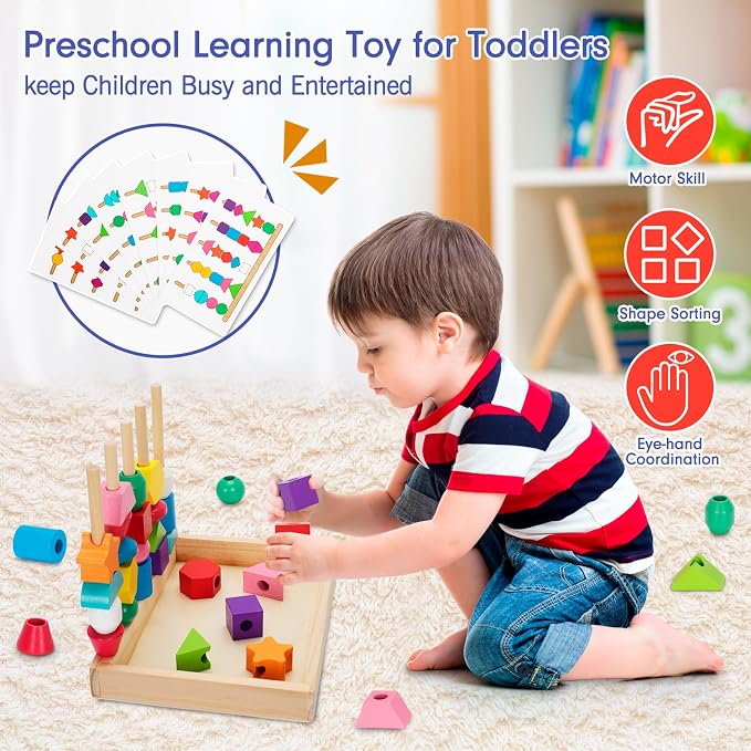 TooyBing Montessori Wooden Lacing Beads Toys for 3 4 Year Old Toddler Kids, Sequencing & Stacking Block Toy with Storage Box, STEM Preschool Learning Toys, Christmas Birthday Gifts for Boys Girls