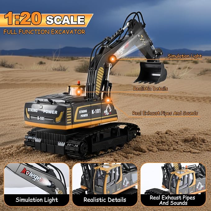 1:18 Scale RC Excavator Toy with Metal Shovel, 11 Channels Remote Control Construction Truck, Real Digging on Dirt & Sand 2 Rechargeable Batteries Gift for Boys Girls Kids 6-12 Years Old