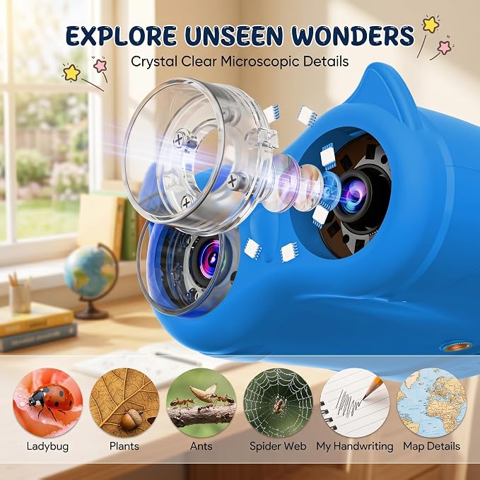 2-in-1 Kids Microscope and Telescope, 1000X Handheld Digital Microscope for Kids, 2.0" Screen, 8 LEDs, 10X Pocket Telescope for Outdoor, 1080P Camera STEM Toys Gifts for Boys Girls 4-12, Blue