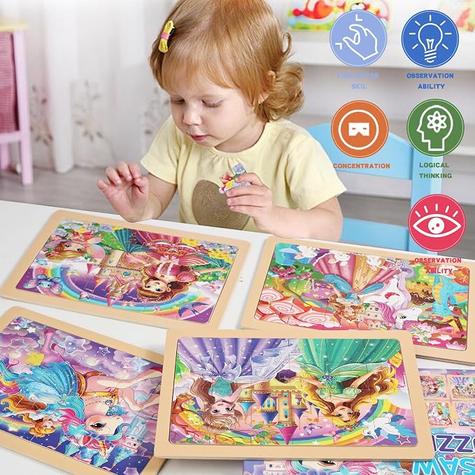 Wooden Puzzles Toys for Kids Ages 3-5, Set of 4 Packs with 24-Piece Unicorn Mermaid Princess Wood Jigsaw Puzzles, Preschool Educational Brain Teaser Toys for Girls 3 4 5 6 Years Old.