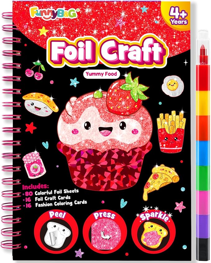 FUNNYB&G Foil Art Craft Kit for Kids, Sparkly Birthday Gift Toy for Girls | No Mess, Kids Ages 4-10 Create Sparkling Artwork, A Creative Gift for Birthdays, Holidays, Travel Activities,Screen-Free Fun