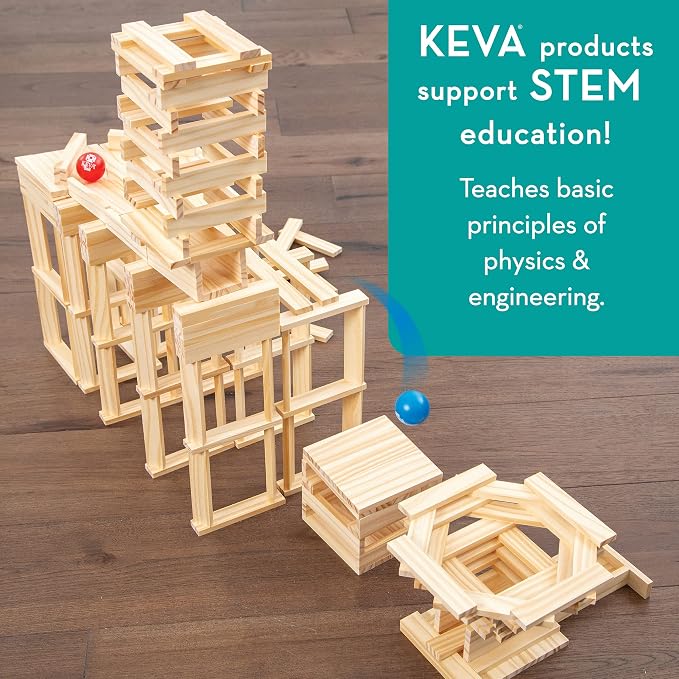 MindWare KEVA Contraptions, Wooden Blocks Building Set, Marble Run Kit, Includes 2 Balls - 200 Planks | Build and rebuild endless designs with 200 wooden planks. Includes 2 balls and 1 idea book with project photos.