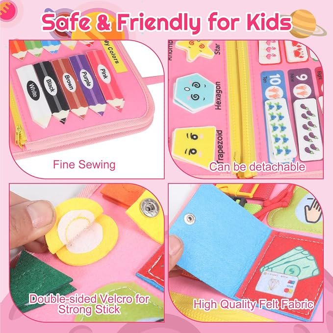URBAN TOYS Toddler Busy Board for Kids Ages 3+, Montessori Busy Book, Sensory Learning Toy for Fine Motor Skills, Toddler Travel Essential for Airplane & Car, Gift for Boys & Girls