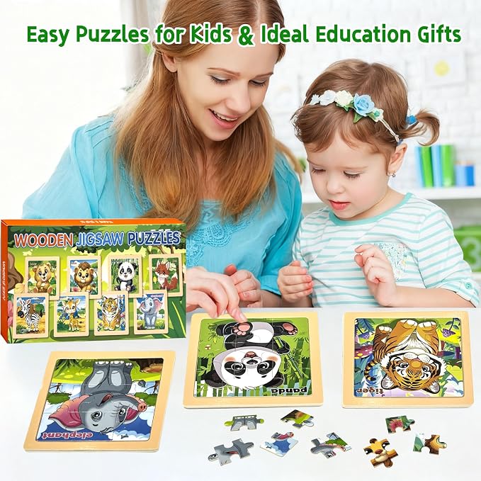 Wooden Animals Puzzles for Toddlers, 8 Pack 9 PCS Jigsaw Puzzles for Kids | Wooden Puzzles for Toddlers 3-5, Animal Puzzles for Kids 3-5, Preschool Puzzles Learning Educational Sets Toys