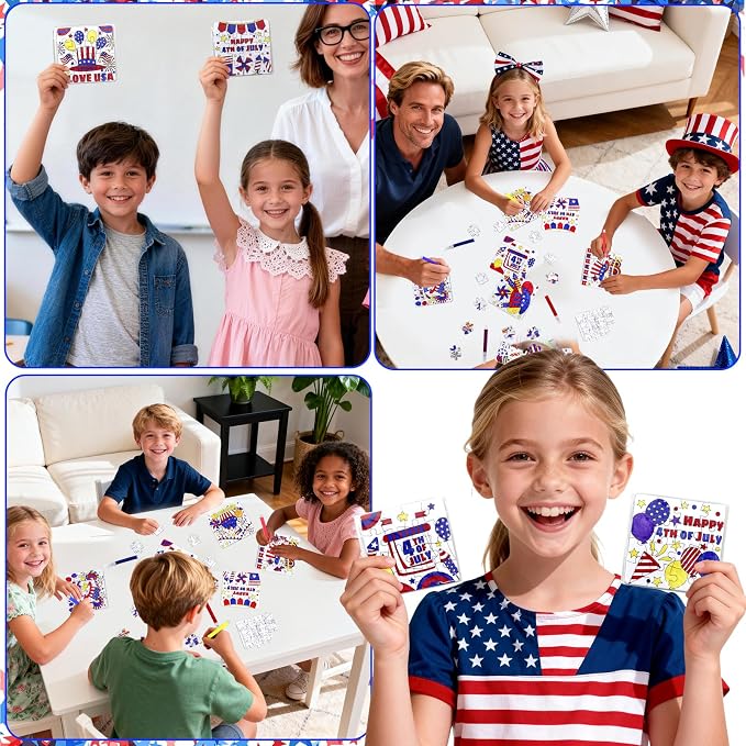 24 Sets 4th of July Patriotic Crafts for Kids, Independence Day Crafts Activities DIY Puzzle Kits Red White Blue Flag Star Memorial Day Jigsaw Painting Arts for Party Favors Gift Supplies Coloring Toy