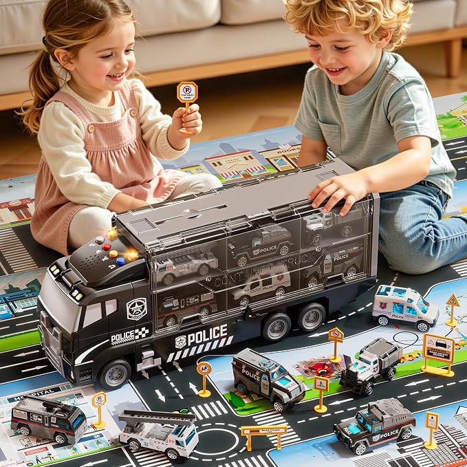Carrier Truck Toddlers Toys for 3 4 5 6 7 Years Old Boys, Toy Truck Transport Car & Die-Cast Car and Play Mat, Police Car Toys Birthday Gifts for Kids 3 4 5 6 7 8+ Years Old Boys Girls