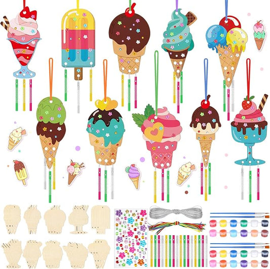 JellyArch 30 Pack DIY Wind Chime Kit, Ice Cream Craft Make Your Own | Summer Ice Cream Craft for Kids, Wood Pieces Beads Stickers, Party Birthday Activity, Window Hanging Decor