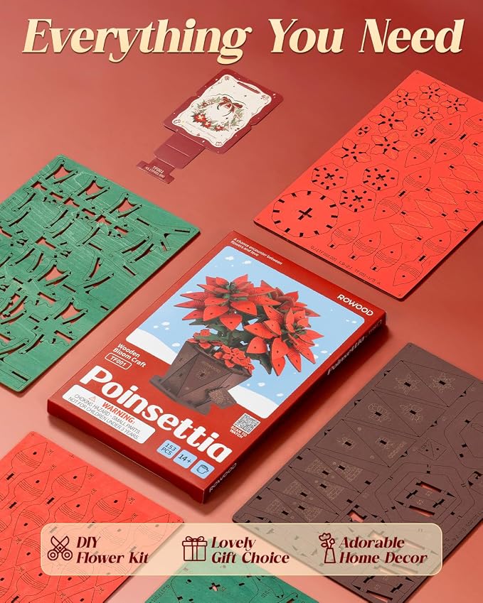 Rowood 3D Puzzles for Adults,Poinsettia Building Set Craft Kit,Artificial Flower Botanical Collection,Christmas Flowers Decoration Centerpiece for Table