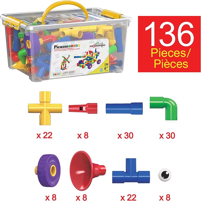 PicassoTiles PTT136 136pcs Tubular Pipes & Spout STEAM Interlocking Educational Building Block Set, Tube Locks, Pipeworks Construction Blocks w/Storage Container Box, Idea Book, Flute Musical Kit | 7 tube styles, easy-connect joints, idea guide, storag...